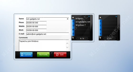 Phone book gadget on Windows 7 desktop.